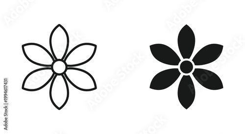 Set of two minimalist flower icons featuring a delicate outline and a solid black silhouette blossom, perfect for modern branding, web design, and floral patterns.