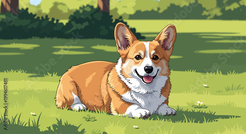 Adorable Pembroke Welsh Corgi Dog Relaxing Outdoors on Green Grass.
