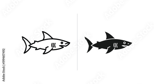 Minimalist shark vector icons in outline and solid silhouette styles, perfect for marine conservation branding, surf shop logos, and aquatic sports graphic design.