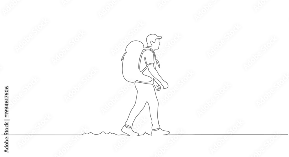 Fototapeta premium Minimalist Line Art: Hiker with Backpack Walking on Ground