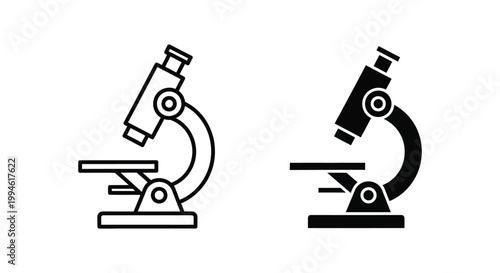Minimalist microscope icon set featuring outline and solid glyph styles for laboratory research, scientific discovery, medical education, and biotechnology branding.