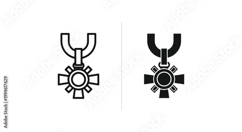 Set of two award medal icons in outline and solid black styles for celebrating success, excellence, and distinguished service in professional or military contexts.