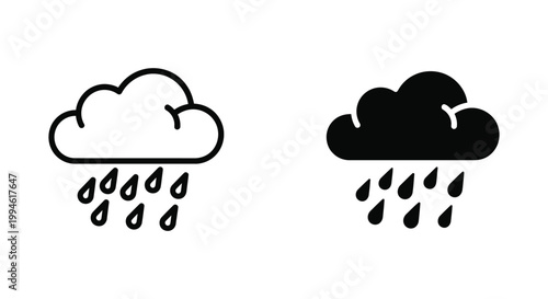 Minimalist rain cloud icons featuring outline and solid black styles for weather forecasting and meteorology app design