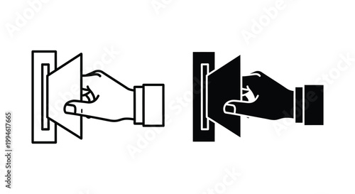 Minimalist vector icons showing a hand inserting a credit card into an ATM or payment terminal slot for secure financial transactions and electronic access