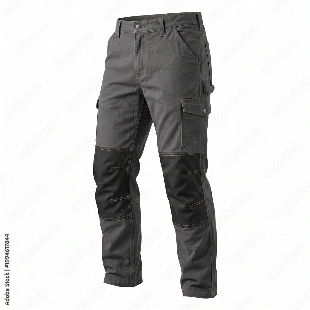 Fototapeta premium Men's tactical trousers with protective knee pads. Functional trousers with reinforced knee pads and multiple pockets. Workwear for outdoor activities, tourism and work. Side view, isolated.