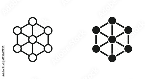 Minimalist hexagonal network icons representing data connectivity, molecular structures, and digital communication systems for technology and science projects.