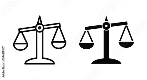 Minimalist scales of justice icons in outline and solid silhouette styles representing law, legal system, equality, and judicial balance for professional law firm branding and court services.