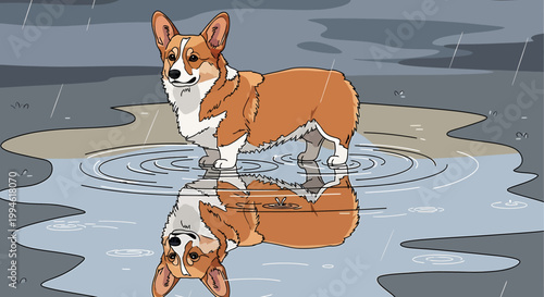 Adorable Pembroke Welsh Corgi standing in a puddle.