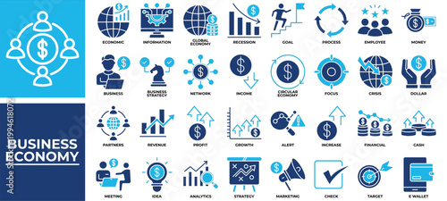 Business Economy icon set collection. Containing partners, increase, profit, report, goal, plan, strategy .Solid vector icons collection