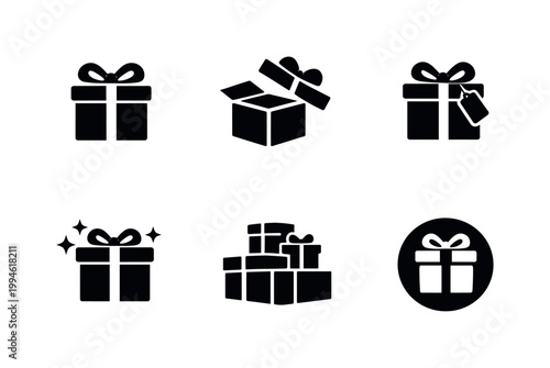 Minimal black gift box icon set showing wrapped presents, open package, stacked parcels, and holiday ribbon symbols in simple vector silhouettes