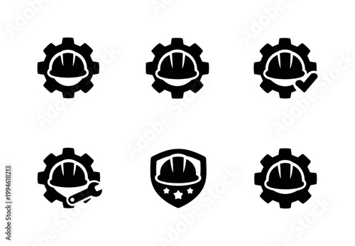 Set of black construction safety icons showing hard hats within gear symbols, certification badge, and checklist mark in simple silhouette style