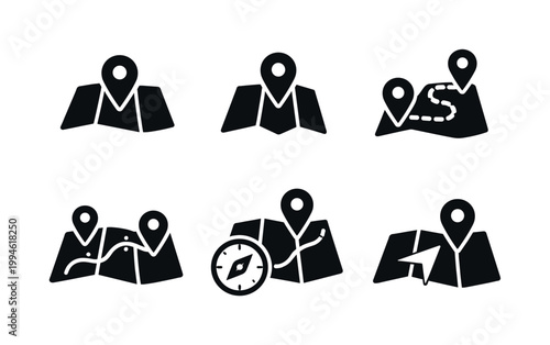 Set of black navigation icons showing folded maps with location pins, route path, compass direction, and waypoint marker for travel and mapping