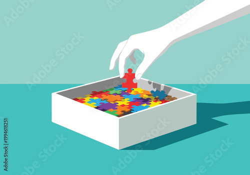 Hand placing a red puzzle piece into a box filled with colorful jigsaw pieces, representing problemsolving and finding the right solution