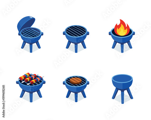 Set of blue charcoal barbecue grill icons showing lid open, empty grate, flaming fire, skewers cooking, steak searing, and bowl base in isometric style