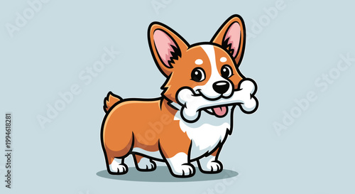 Cute Cartoon Corgi Dog Holding Bone in Mouth.