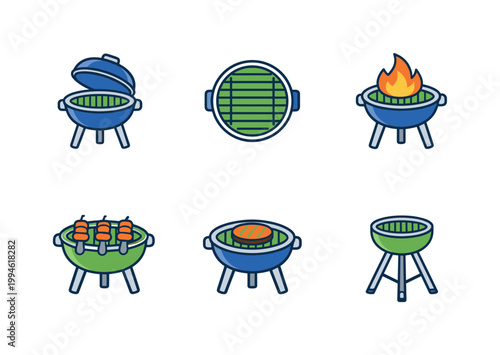 Set of colorful barbecue grill icons showing lid-open kettle grill, top view grate, flaming fire, skewers, steak cooking, and tripod grill stand