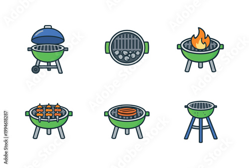 Set of colorful barbecue grill icons showing kettle grill, charcoal grate, open flame cooking, skewers, burgers, and tripod grill in flat style
