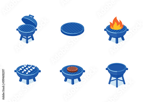 Set of blue barbecue and fire pit icons showing open grill, grate, charcoal cooker, steak cooking, empty brazier, and flame for outdoor cooking