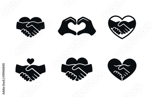 Set of black silhouette icons showing handshakes and heart shapes symbolizing partnership, agreement, friendship, love, unity, and support