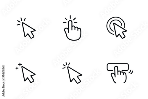 Minimal line icon set of mouse cursor pointers and hand clicking gestures, showing tap, select, press, and interaction symbols for user interfaces