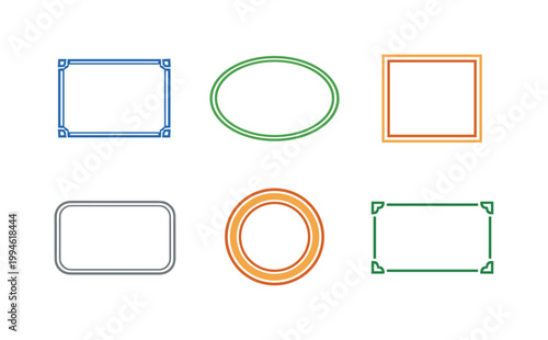 Collection of colorful decorative rectangular, oval, and circular outline frames with corner accents, isolated on white background as design elements