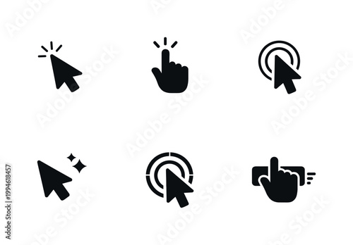Set of black cursor and hand click icons showing pointer selection, tapping gesture, and press interactions for user interface navigation