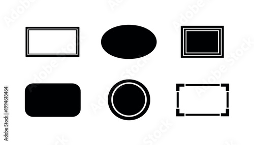 Set of black geometric frames and shapes on white background featuring rectangles, rounded rectangle, ellipse, circle ring, and dashed border outline