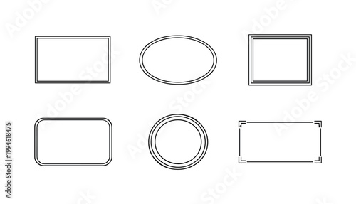 Set of simple black outline frames in assorted shapes including rectangles, rounded rectangle, oval, and circular borders on a white background