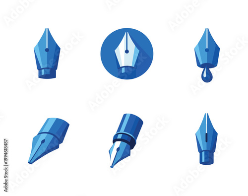 Set of blue fountain pen nib icons in multiple angles with ink drop and circular badge, minimalist vector illustration of writing tools and calligraphy tips