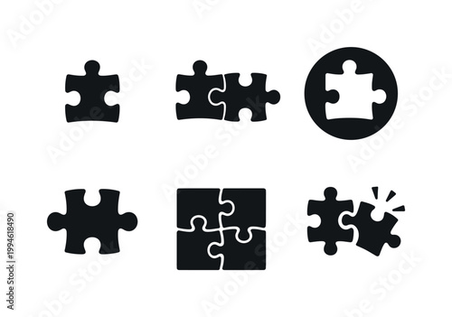 Minimal black silhouette icons of jigsaw puzzle pieces showing connection, teamwork, fitting and solution concept in simple graphic design set