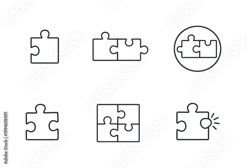 Minimal line icons of jigsaw puzzle pieces showing connection, assembly, and solution concept, including linked pieces, completed square, and idea symbol