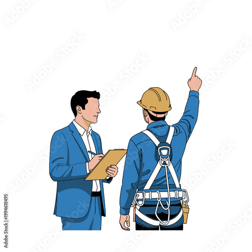 Construction site inspection supervisor and worker discussing project details