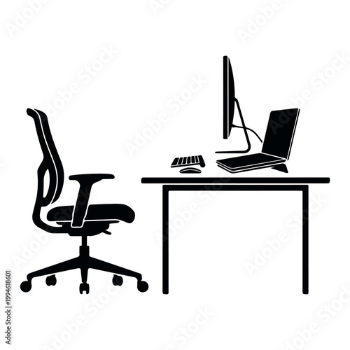 Modern workstation icon with ergonomic office chair, desktop monitor, and laptop on desk, isolated vector illustration.