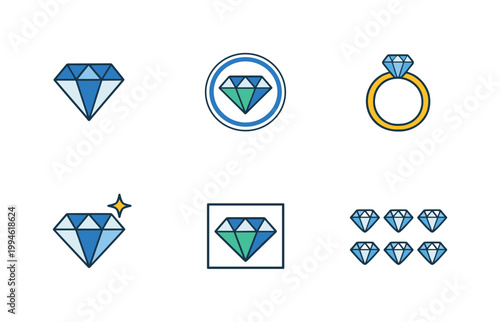 Set of minimalist diamond gemstone icons including ring, badge, sparkle jewel and multiple crystals, flat vector symbols isolated on white background