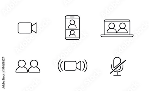 Minimal line icons set for video conferencing features showing camera, smartphone call, laptop meeting, participants, screen sharing, and muted microphone