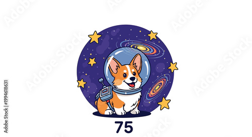 Cute corgi dog astronaut floating in space wearing helmet and suit.