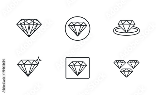 Minimal line art diamond icon set with six gem symbols including framed, circled, ringed, sparkling, and clustered diamonds on white background