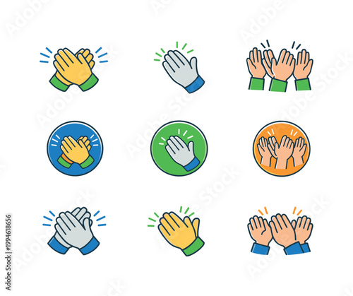Set of colorful clapping hands icons in multiple styles, showing applause gestures, appreciation and celebration symbols in a simple flat illustration