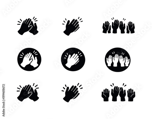 Minimal black and white clapping hands icon set with single and group applause gestures in multiple variations for celebration, appreciation, and feedback