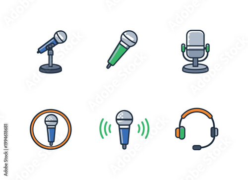 Set of audio and broadcasting icons showing microphones, studio mic, podcast equipment, and headset for recording, communication, and streaming