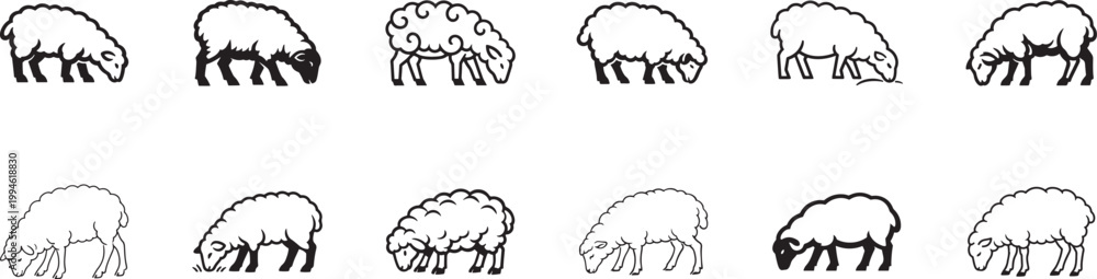 Obraz premium Grazing sheep line art icon set, animal linear symbols on white, clean vector EPS illustration.