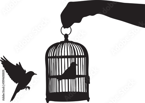 Black silhouette of a hand holding a striped megaphone against a white background stripes