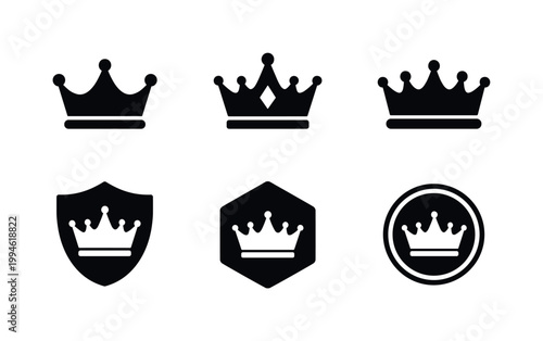 Set of minimalist crown icons in black silhouette with shield, hexagon badge, and circular emblem variations for royalty and heraldic design