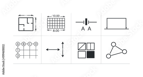 Set of monochrome engineering and architecture diagram symbols including floor plan, dimensioned grid, electrical schematic, graph axes, window icons, and network nodes