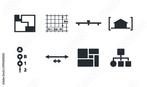 Set of architectural and mapping icons including floorplan, measurement grid, scale line, house frame, legend markers, arrows, layout blocks, and hierarchy diagram