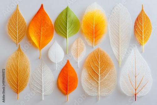 Collection of Colorful Autumn Leaves and Leaf Skeletons on White Background