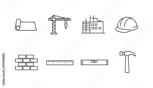 Minimal line icon set of construction tools and building elements including blueprint roll, tower crane, unfinished structure, hardhat, bricks, ruler, level, hammer
