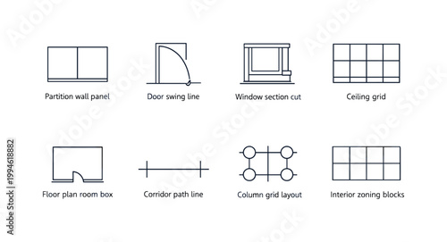 Architectural floor plan symbol set showing partition wall panels, door swing lines, window section cut, ceiling grid, room boxes, corridor paths, column grids, zoning blocks
