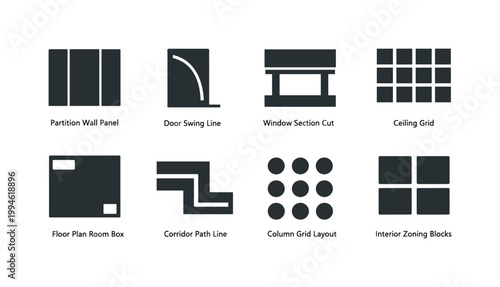 Architectural floor plan icon set with partition wall panel, door swing line, window section cut, ceiling grid, corridor paths, column layout, zoning blocks