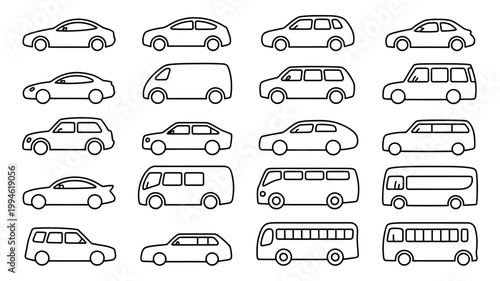 A collection of various vehicle outlines is displayed including cars vans buses and station wagons all in a minimalist style high quality professional detailed modern elegant
